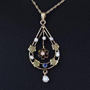 Antique Victorian 10k Yellow Gold Diamond + Sapphire + Pearl Pendant (c.1890)